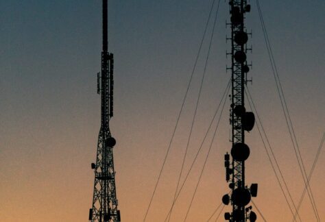 Telecommunications towers at dusk